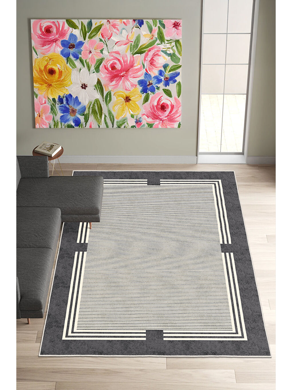 Antrasit Dekoratif Salon Halısı, Makinada Yıkanabilir, Kaymaz Taban, İnce & Modern Tasarım-4