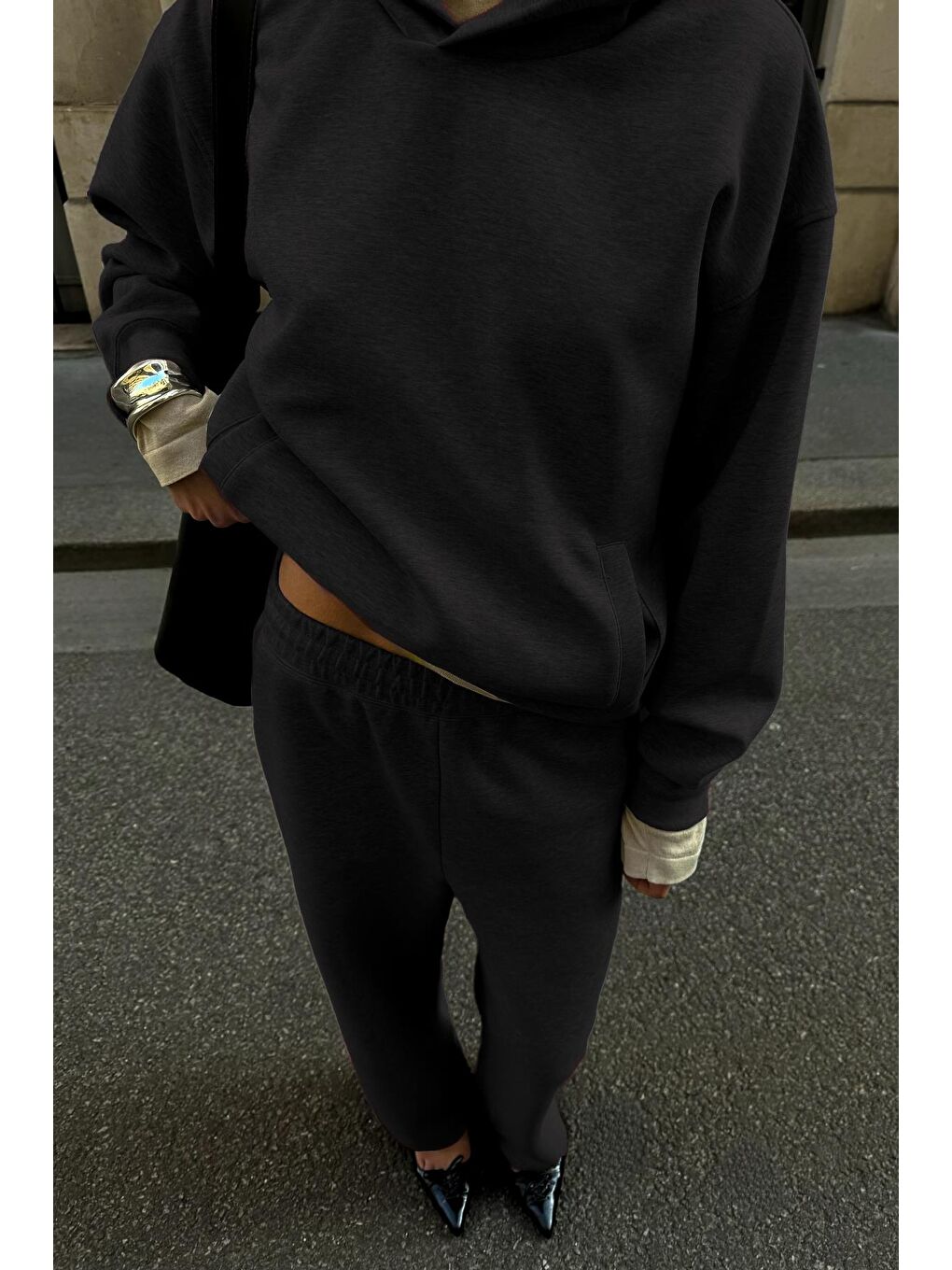 Siyah Kapüşonlu Triko Kadın Eşofman Takımı Mg2533-1