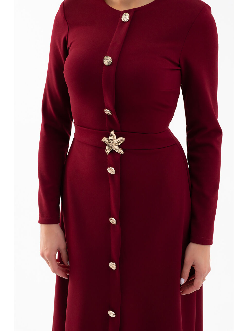 Kadın Bordo Uzun Kol Gold Düğmeli Midi Elbise-3