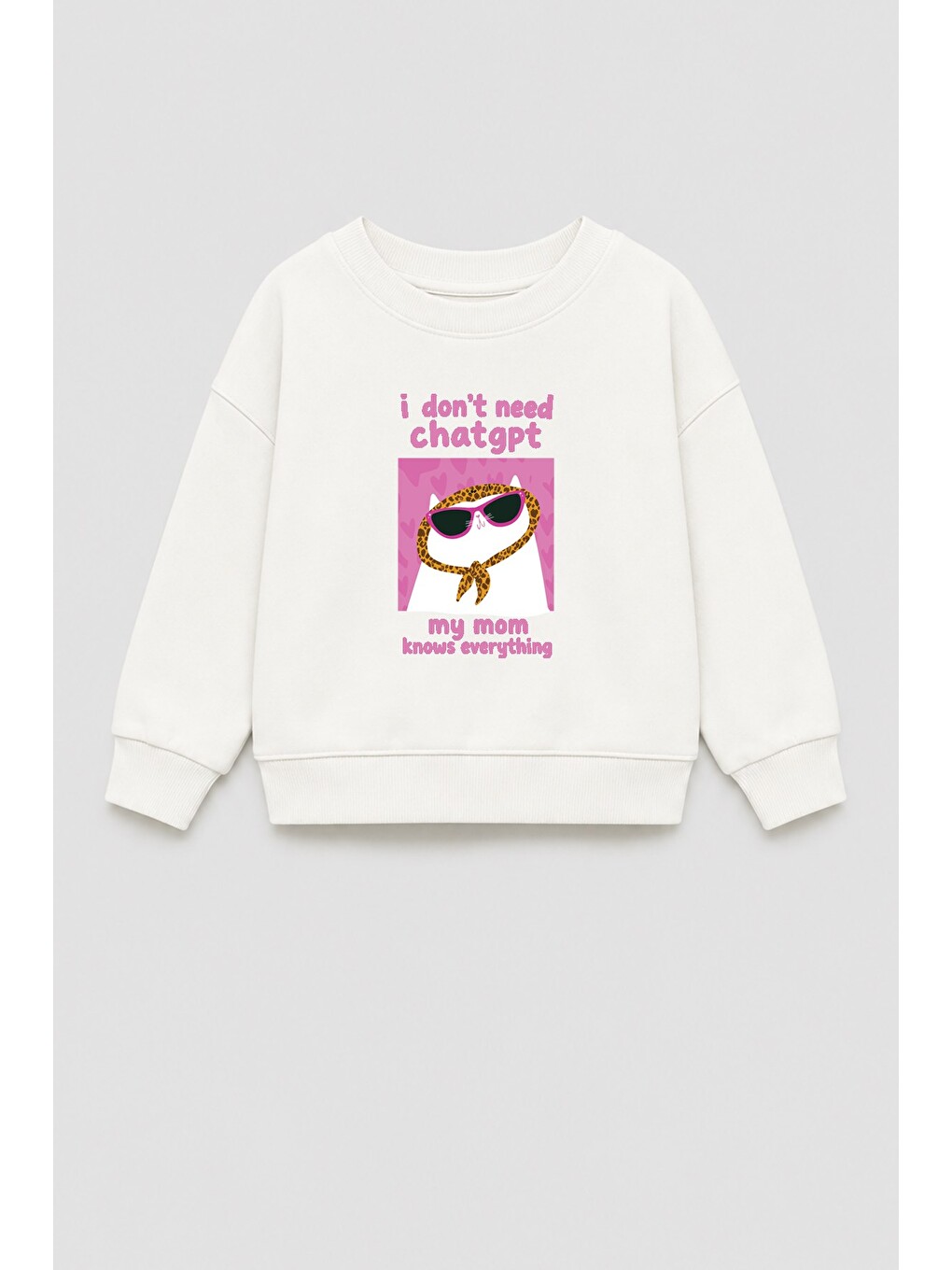 Ekru Kız Çocuk 3 İplik Kumaş Kedi Baskılı Pamuklu Sweatshirt