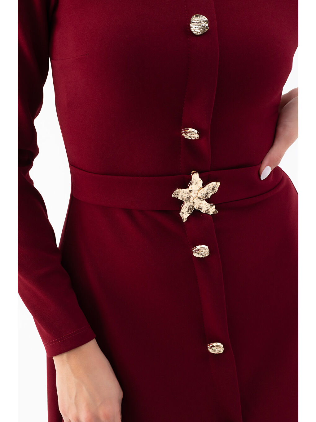 Kadın Bordo Uzun Kol Gold Düğmeli Midi Elbise-4
