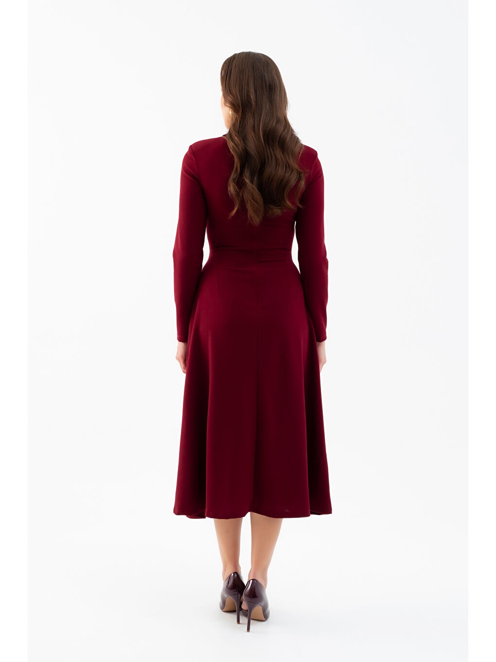 Kadın Bordo Uzun Kol Gold Düğmeli Midi Elbise-5