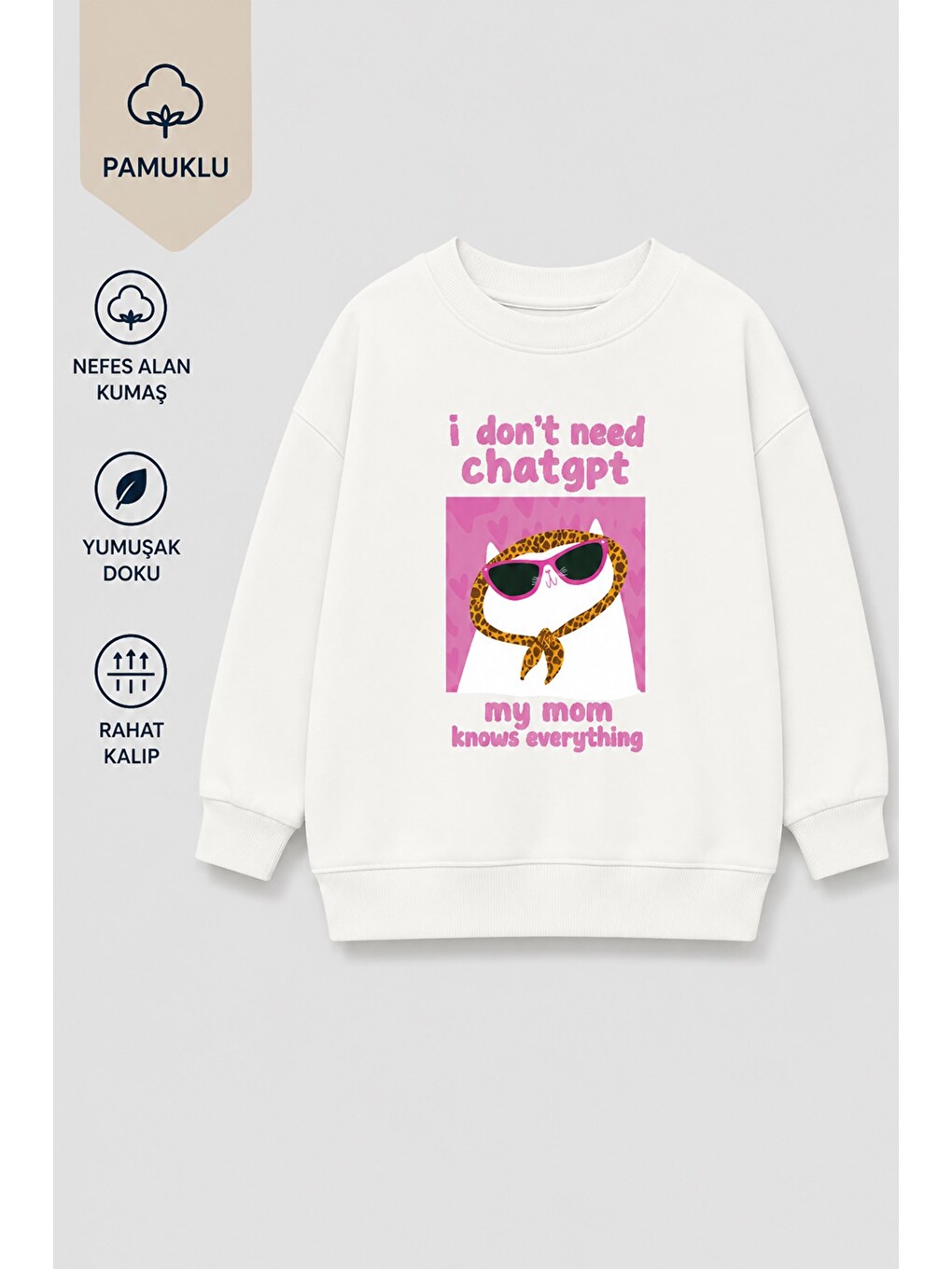 Ekru Kız Çocuk 3 İplik Kumaş Kedi Baskılı Pamuklu Sweatshirt-1