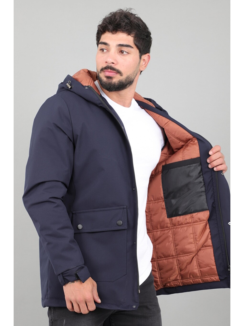 Lacivert Kapitoneli Torba Cep Sabit Kapüşon Kışlık Mont Pldp 3039_50527-1