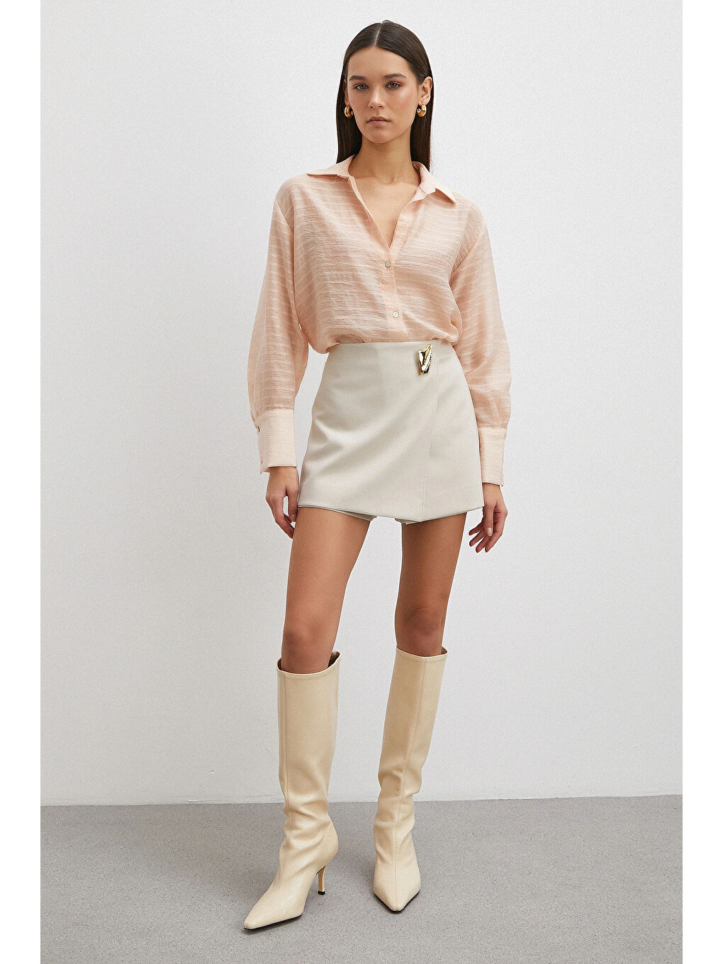 Pembe Kabartma Çizgili Gömlek Pudra-1