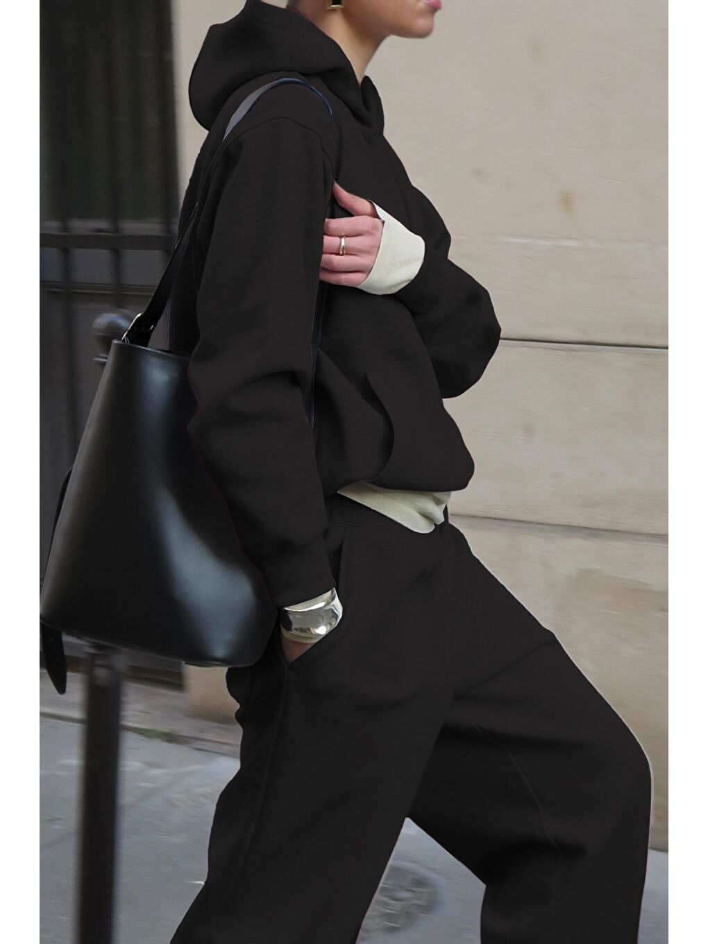 Siyah Kapüşonlu Triko Kadın Eşofman Takımı Mg2533-2