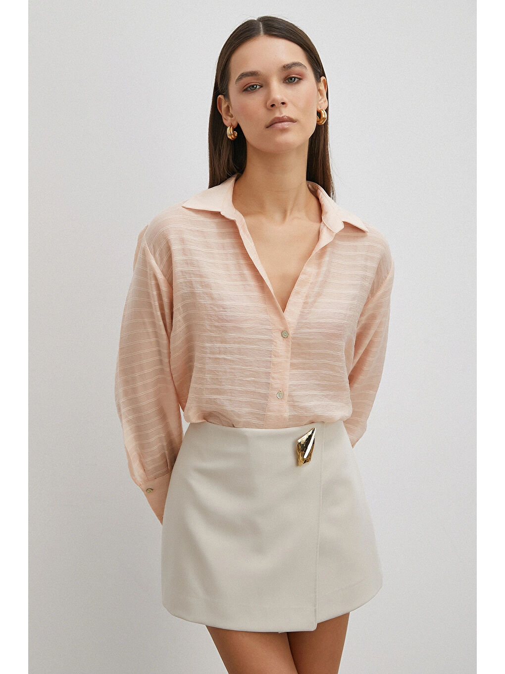 Pembe Kabartma Çizgili Gömlek Pudra-2