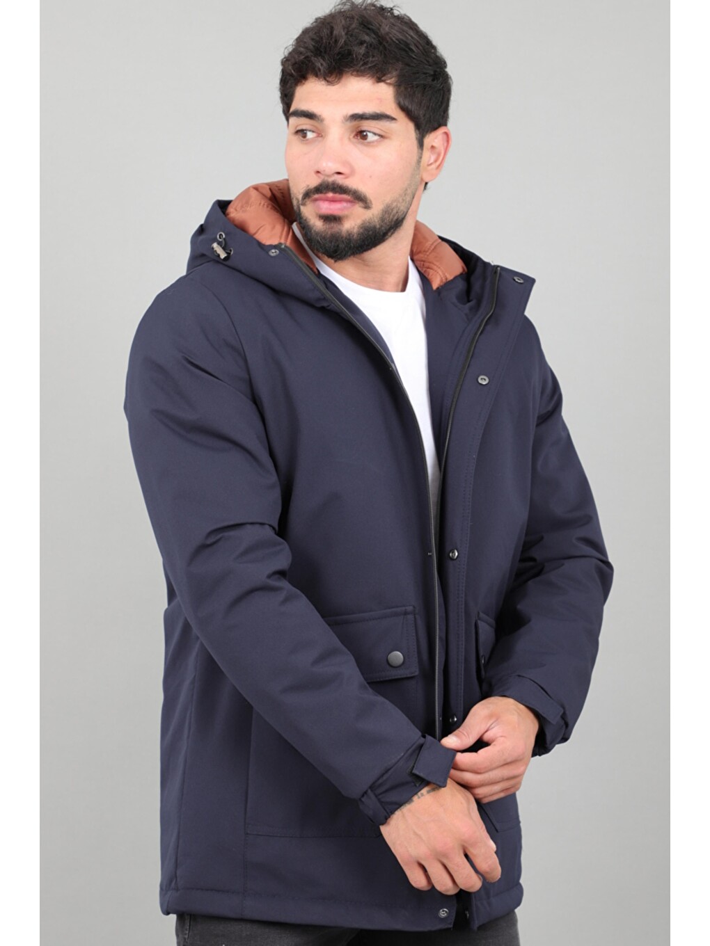 Lacivert Kapitoneli Torba Cep Sabit Kapüşon Kışlık Mont Pldp 3039_50527-3