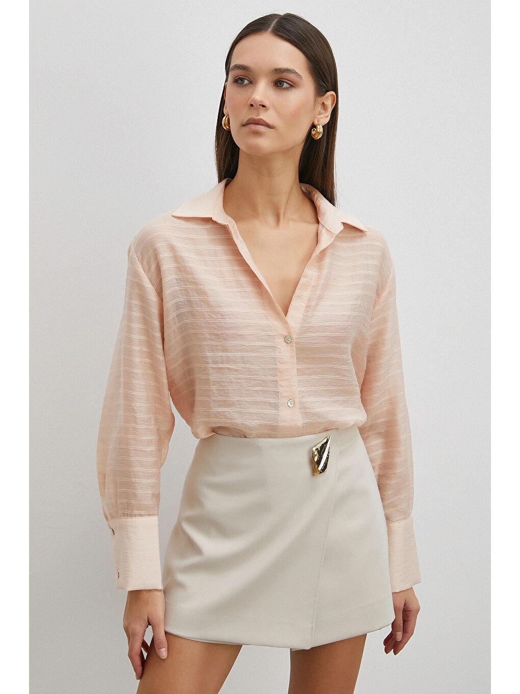 Pembe Kabartma Çizgili Gömlek Pudra-3