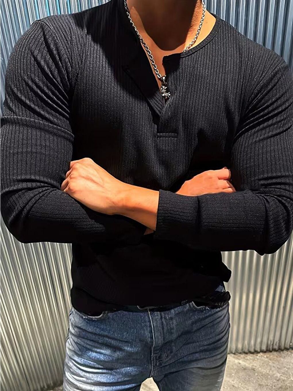 Siyah Mecho Erkek Slim Fit Elastanlı Henley Yaka Uzun Kollu Tişört - Düğmeli Esnek Kumaş