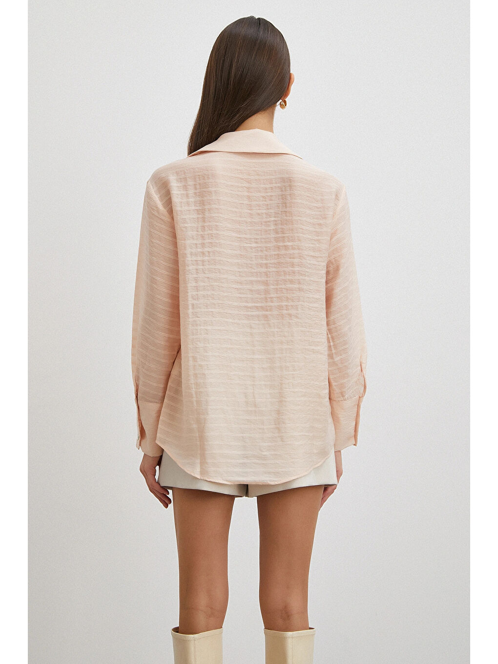 Pembe Kabartma Çizgili Gömlek Pudra-4