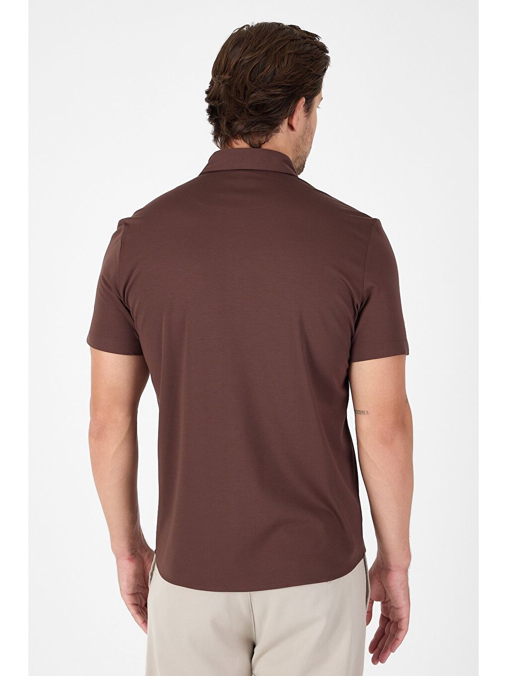 Koyu Kahverengi Kısa Kol Düğmeli Yaka Cepsiz Performans Ürün Slim Fit Büyük Beden Gömlek 1004250256-4