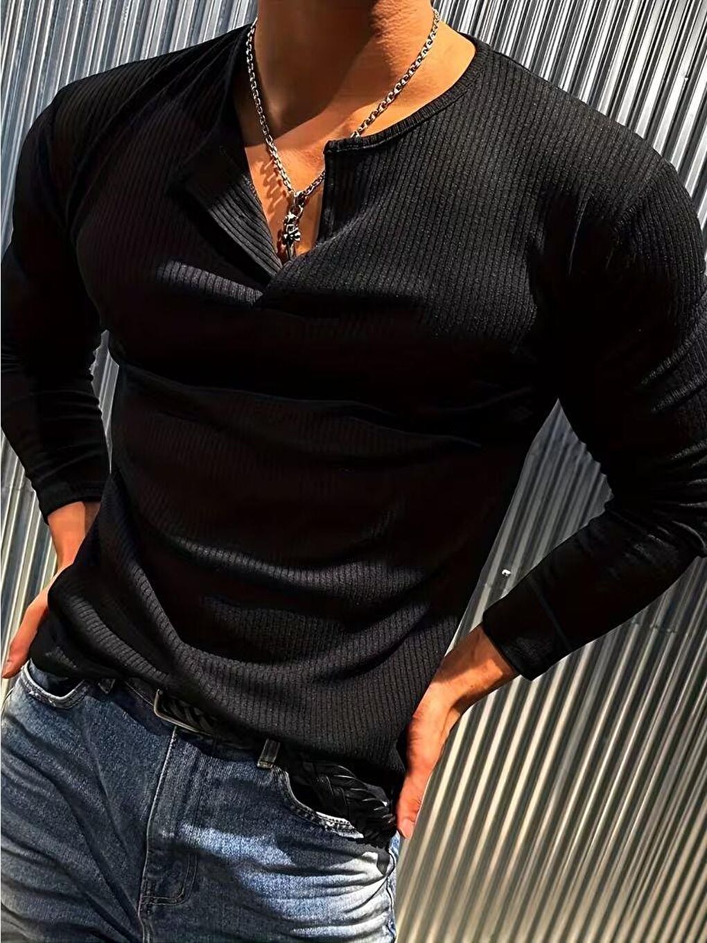 Siyah Mecho Erkek Slim Fit Elastanlı Henley Yaka Uzun Kollu Tişört - Düğmeli Esnek Kumaş-1