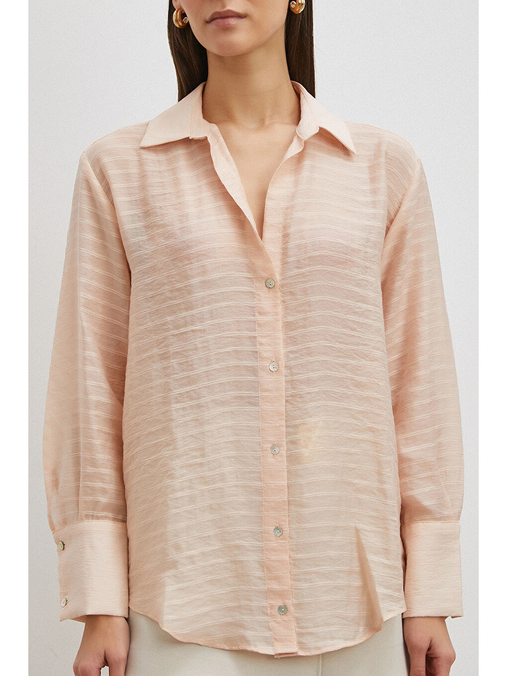 Pembe Kabartma Çizgili Gömlek Pudra-5