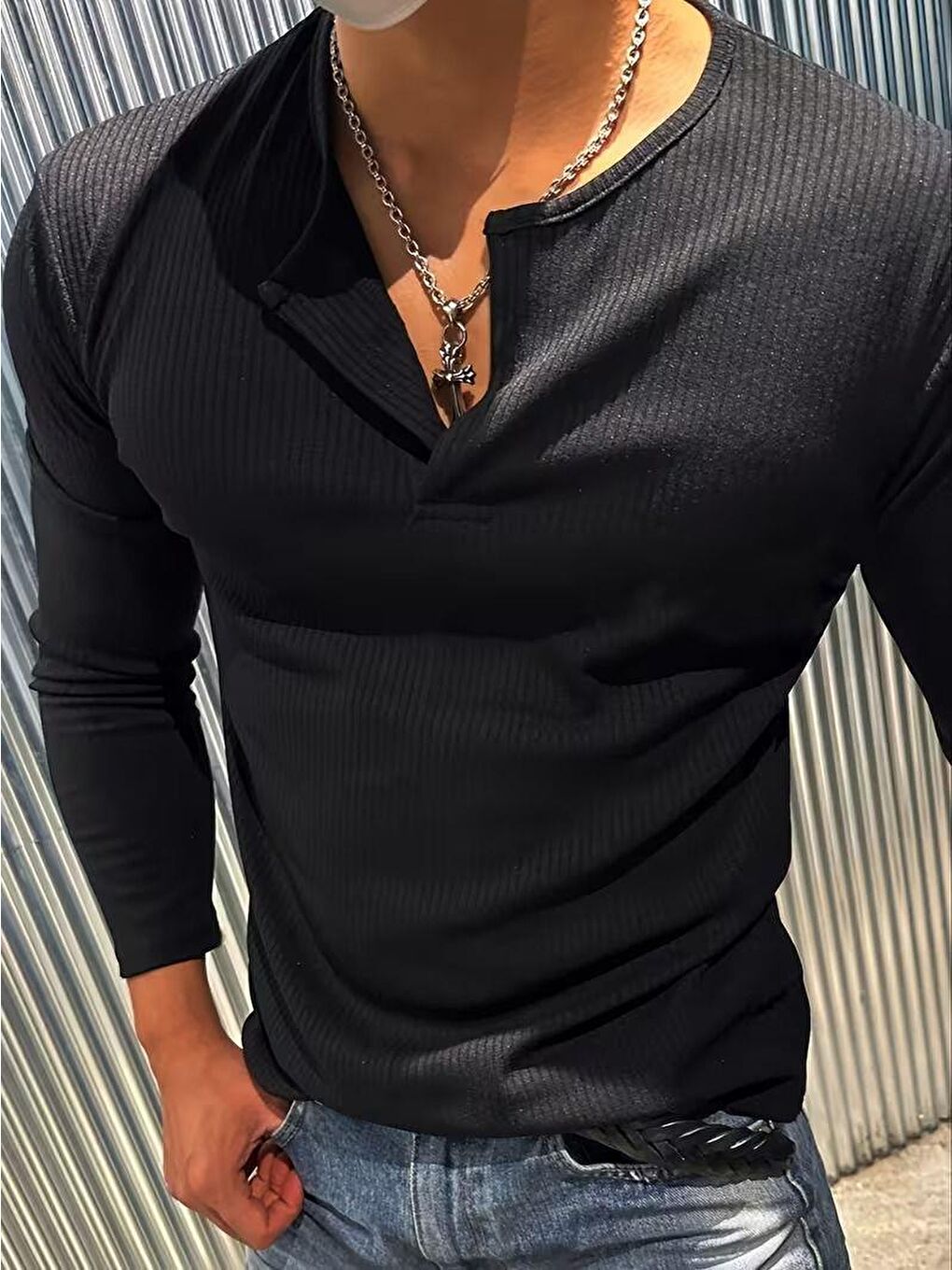 Siyah Mecho Erkek Slim Fit Elastanlı Henley Yaka Uzun Kollu Tişört - Düğmeli Esnek Kumaş-2