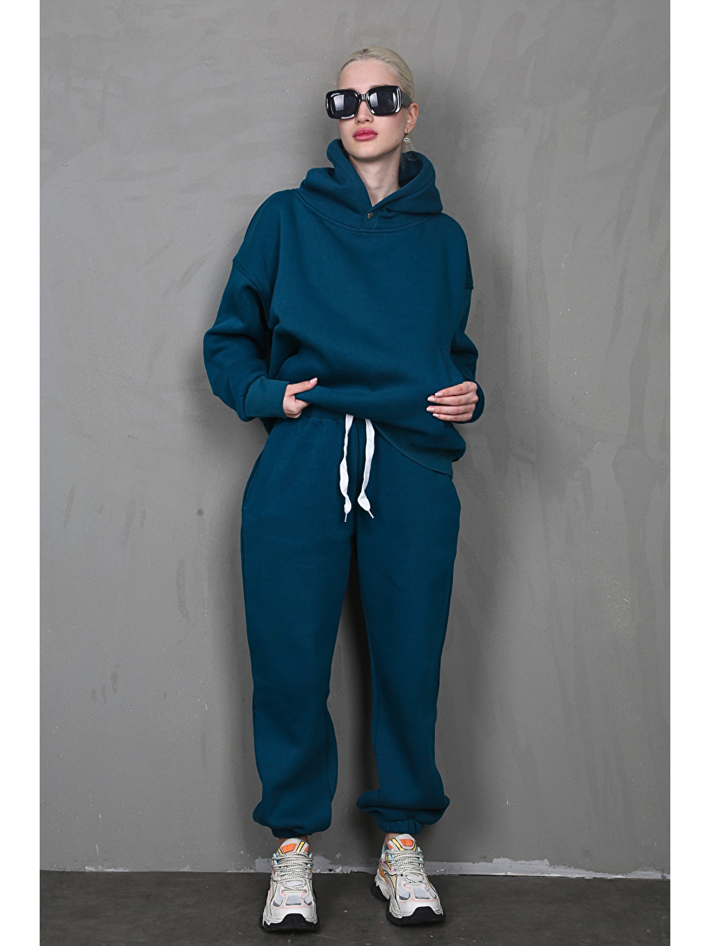 Petrol Bej Kapüşonlu Oversize Kadın Eşofman Takım Mg1905-1