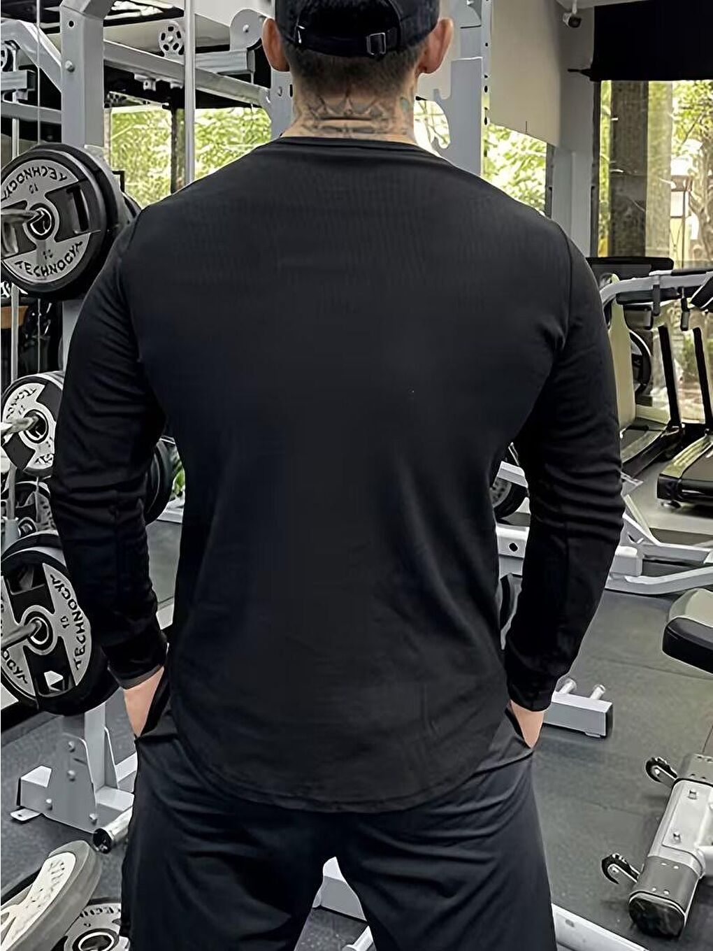 Siyah Mecho Erkek Slim Fit Elastanlı Henley Yaka Uzun Kollu Tişört - Düğmeli Esnek Kumaş-3