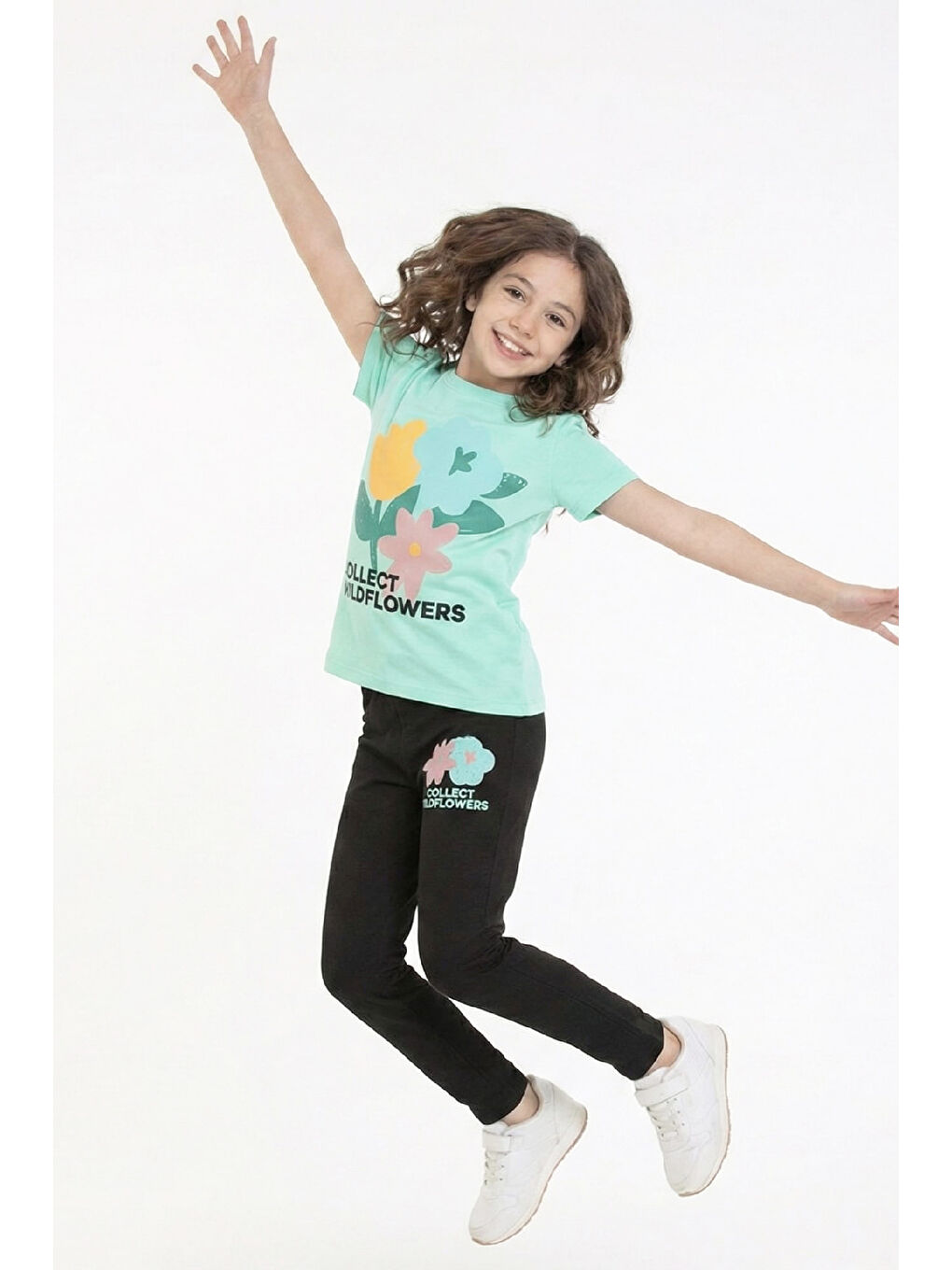 Yeşil Kız Çocuk Çiçek Baskılı-Taytlı Alt-Üst Takım 3-10 Yaş 12550