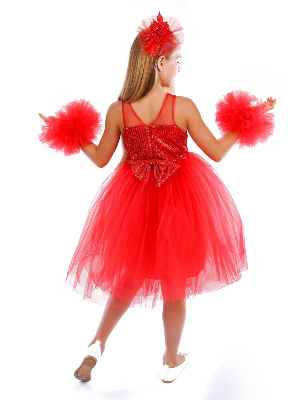 Kırmızı Ponpon Kollu Kız Çocuk Doğum Günü Parti Elbisesi-1