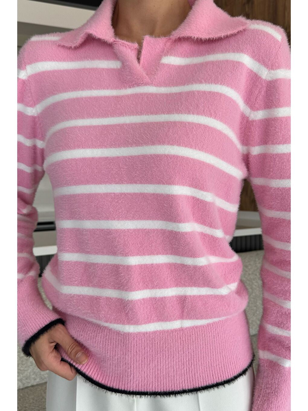 Pembe Kadın Polo Yaka Çizgi Desenli Sakallı Triko Kazak (s-m-l-xl Beden Uyumludur.)-2
