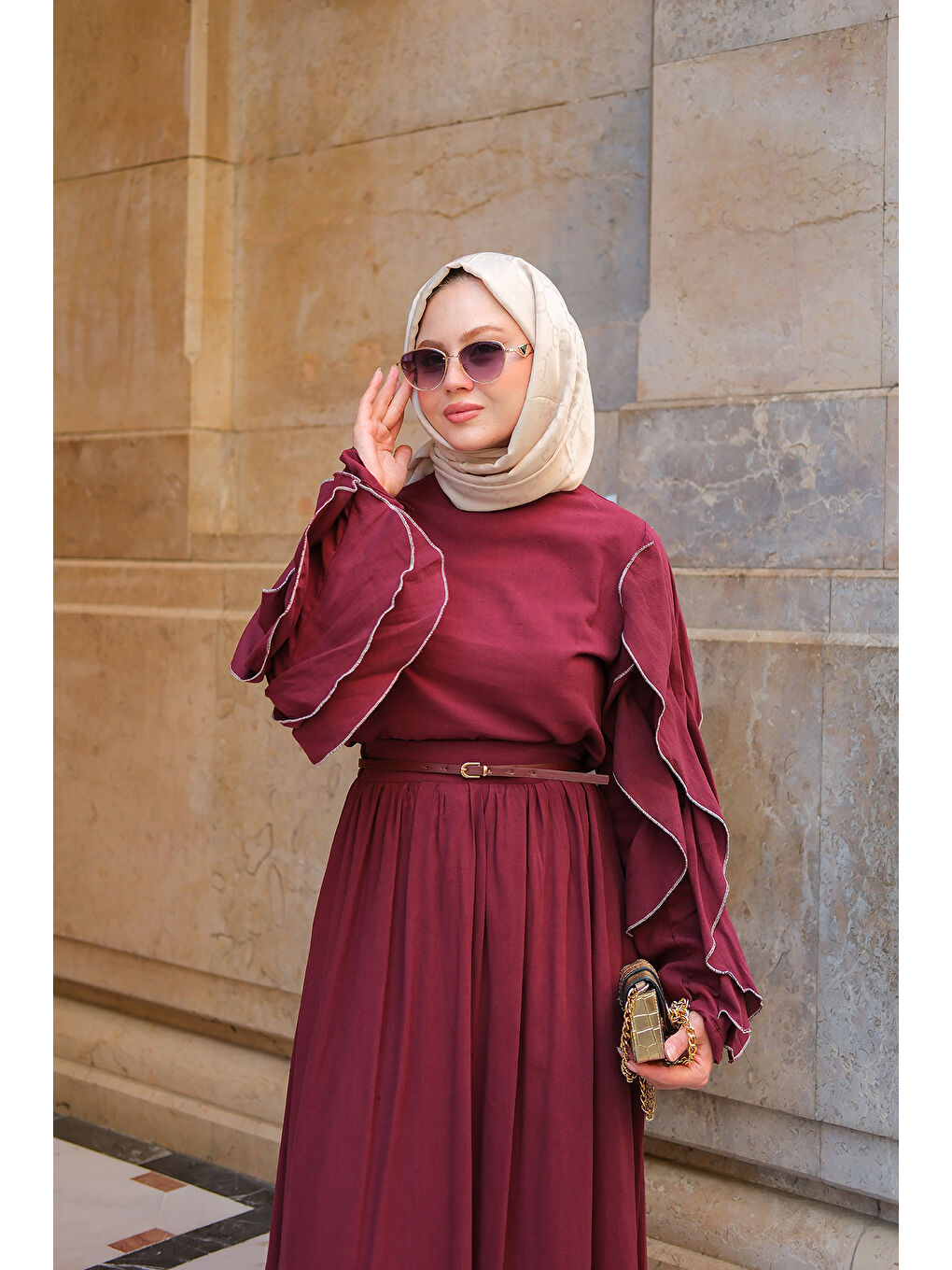 Kadın Kolları Süs Dikişli Takım Bordo-1