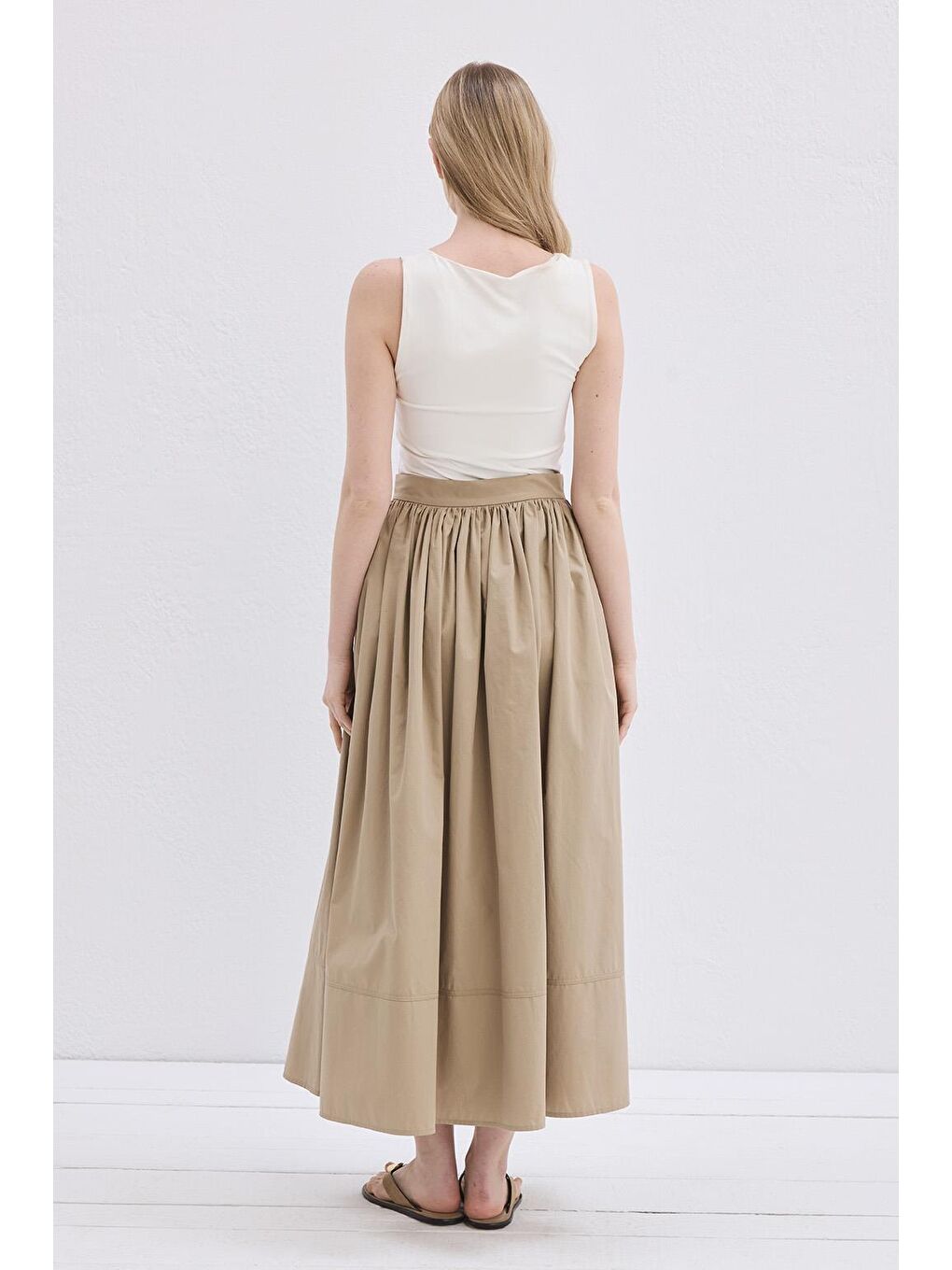 Bej Vera Büzgülü Etek Deve Tüyü-4