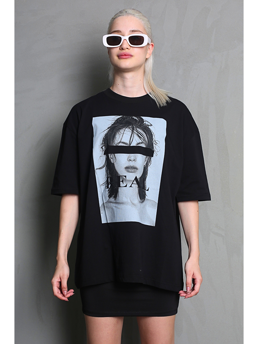 Siyah Oversize Baskılı Kadın Tişört Mg1764-2