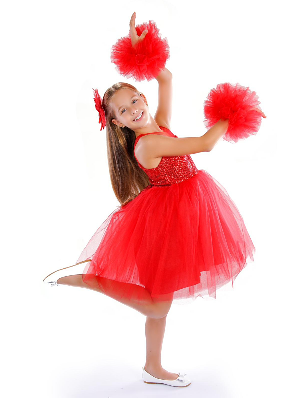 Kırmızı Ponpon Kollu Kız Çocuk Doğum Günü Parti Elbisesi-2