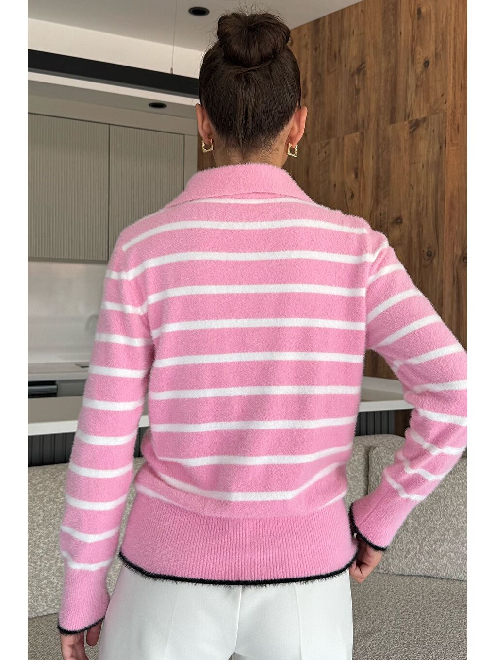 Pembe Kadın Polo Yaka Çizgi Desenli Sakallı Triko Kazak (s-m-l-xl Beden Uyumludur.)-3