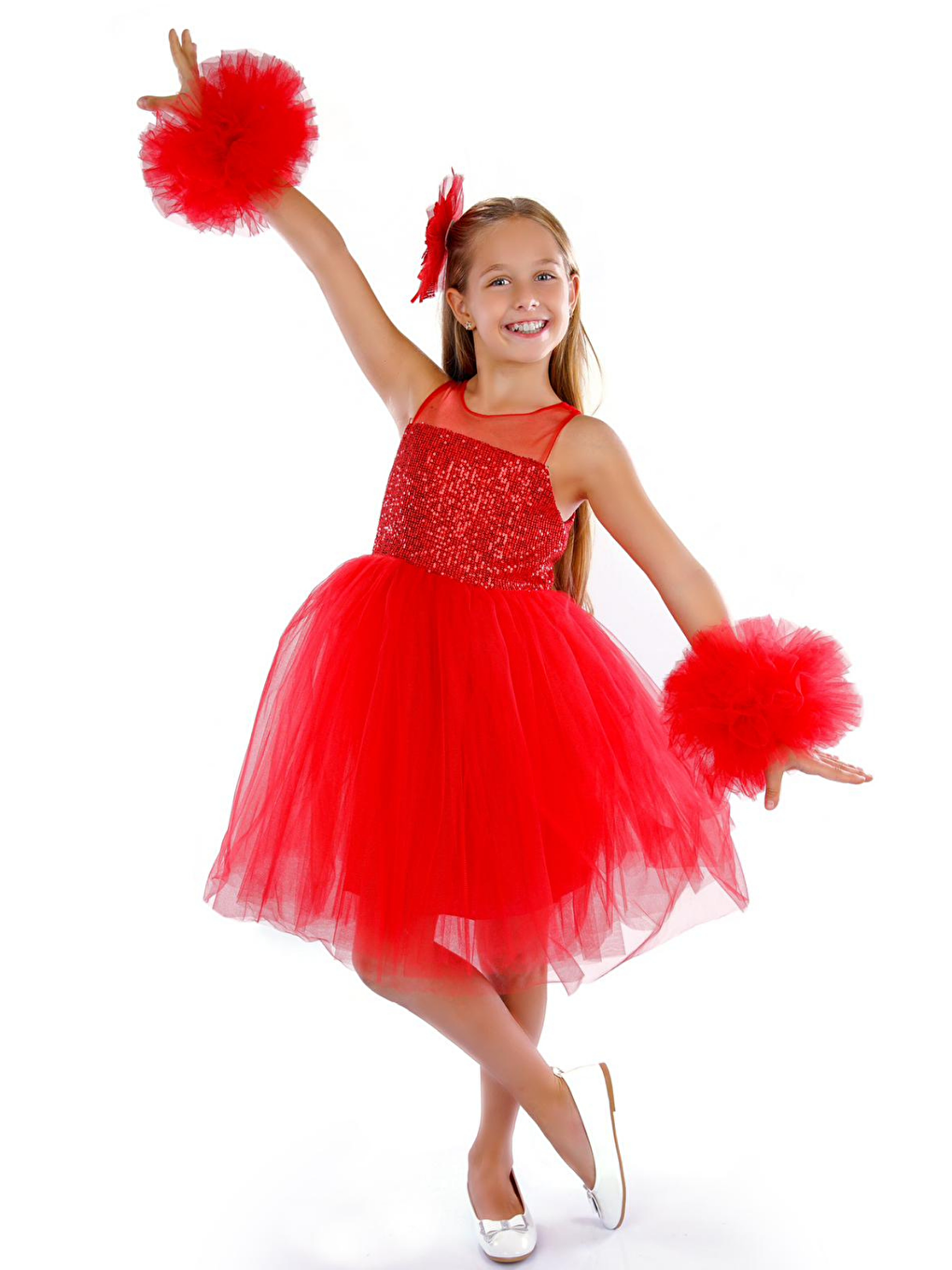 Kırmızı Ponpon Kollu Kız Çocuk Doğum Günü Parti Elbisesi-3