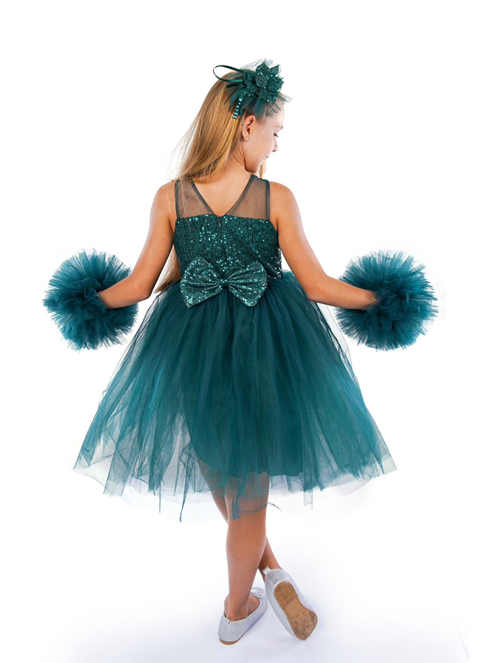 Yeşil Ponpon Kollu Kız Çocuk Doğum Günü Parti Elbisesi-1