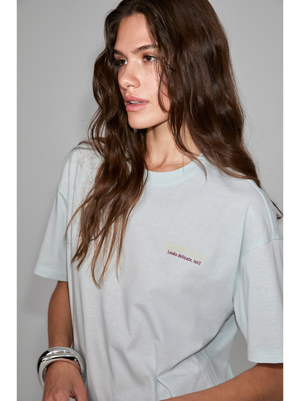 Cassıane Kadın Bisiklet Yaka Kısa Kollu Ön Ve Arka Baskılı Regular Açık Mavi T-shirt