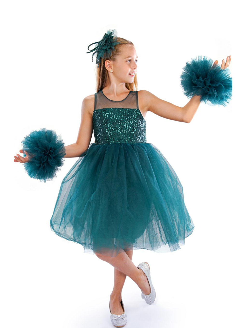 Yeşil Ponpon Kollu Kız Çocuk Doğum Günü Parti Elbisesi-2