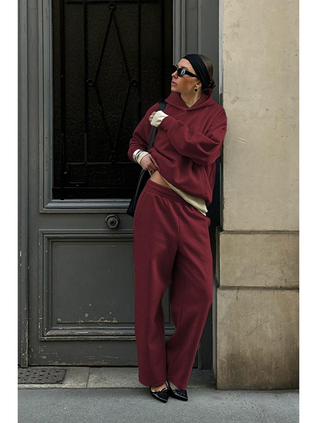 Bordo Kapüşonlu Triko Kadın Eşofman Takımı Mg2533