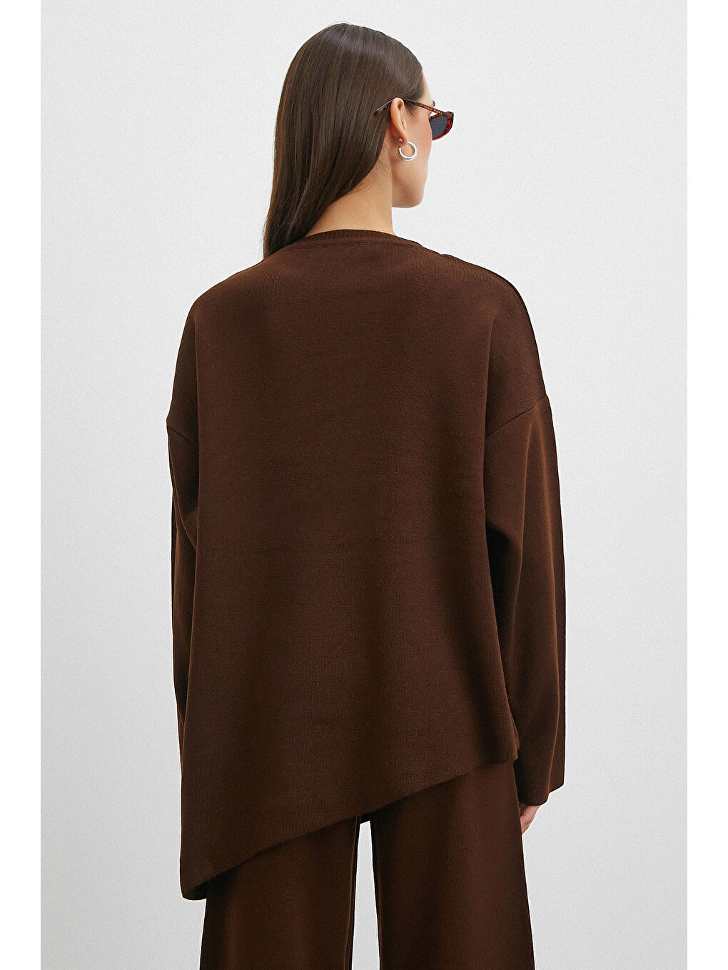 Karışık Eteği Çapraz Pantolonlu Bisiklet Yaka Takım Kahve-5