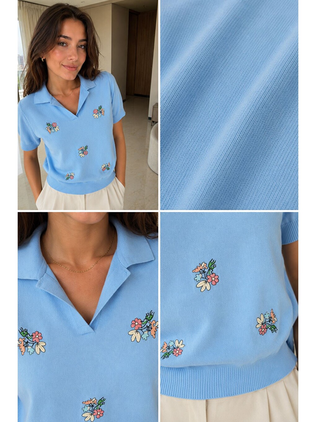Mavi Kadın Polo Yaka Çiçek Nakışlı Triko Bluz-4