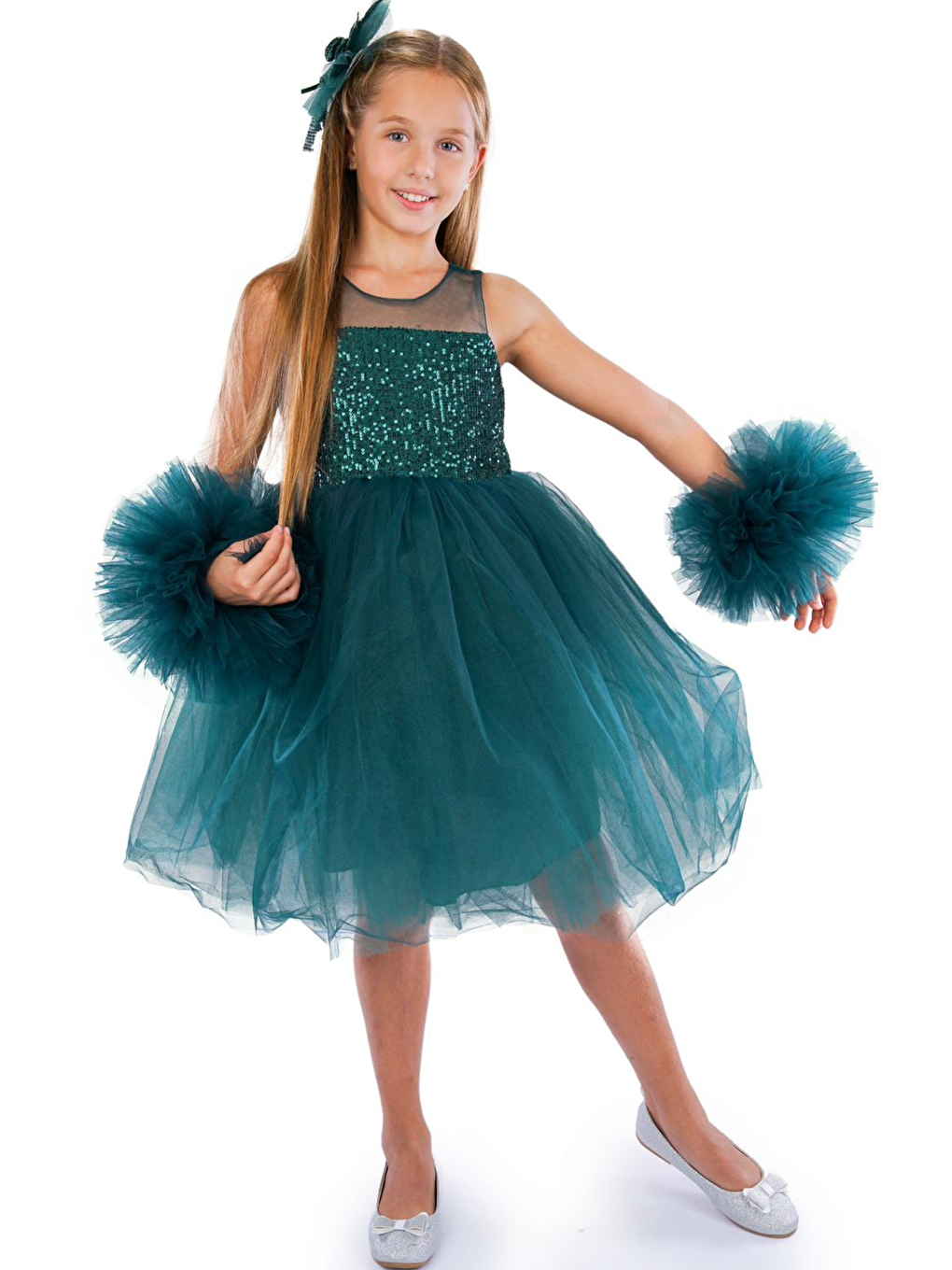 Yeşil Ponpon Kollu Kız Çocuk Doğum Günü Parti Elbisesi-3