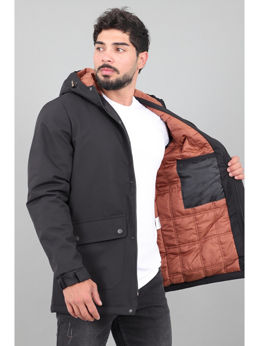 Siyah Kapitoneli Torba Cep Sabit Kapüşon Kışlık Mont Pldp 3039_50527-2