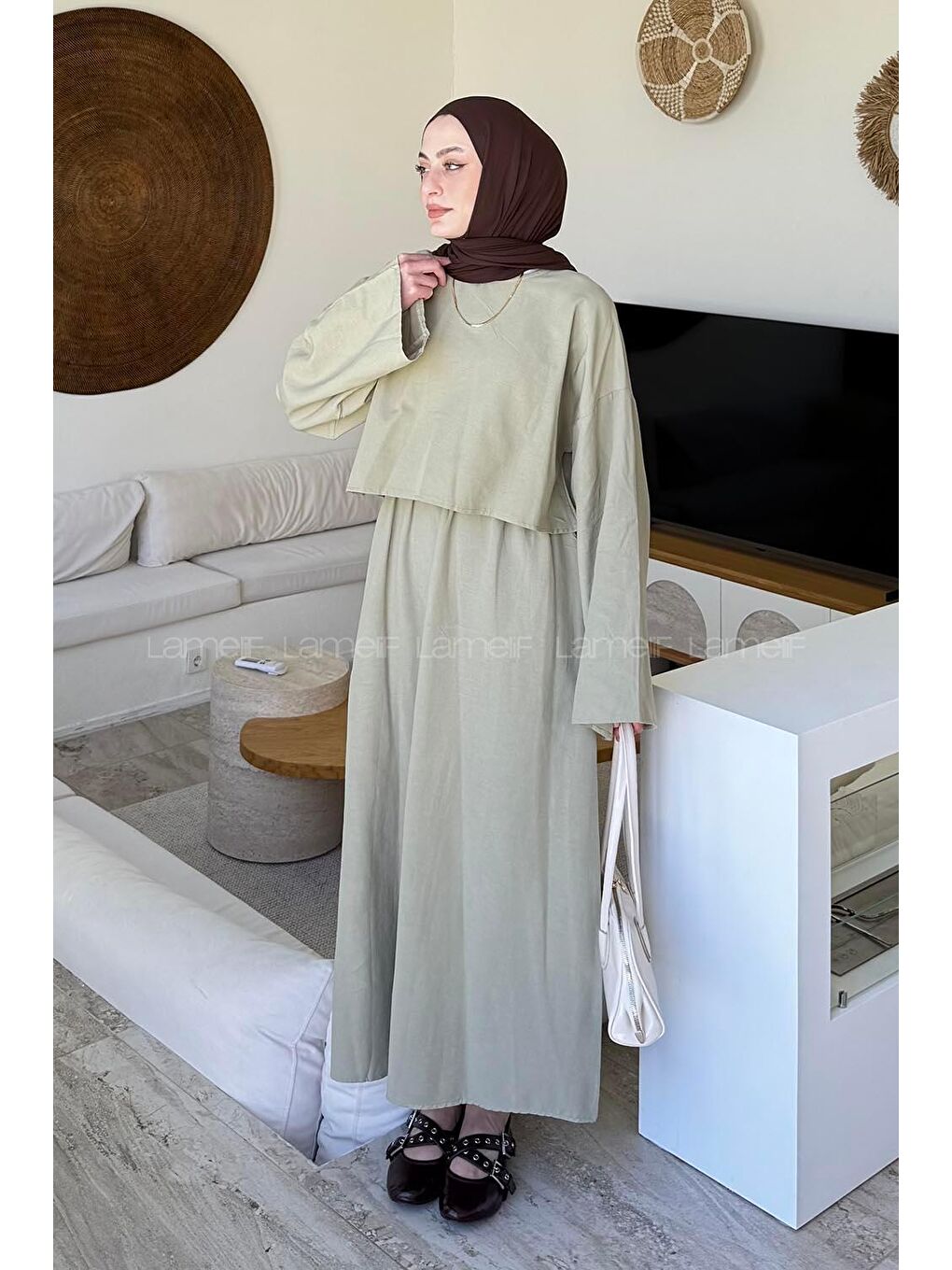 Etekli Tesettür Takım Çağla Yeşili-1