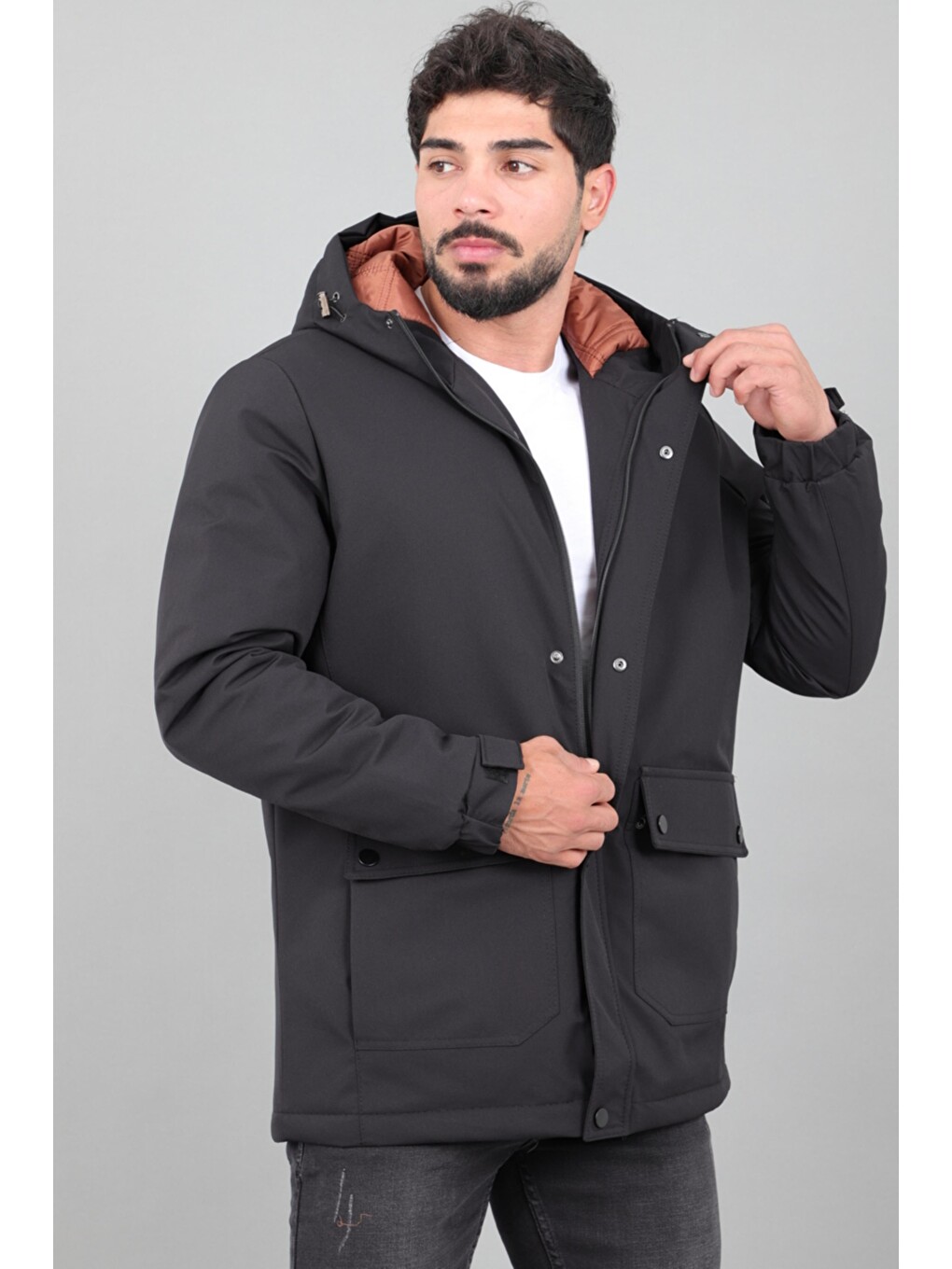 Siyah Kapitoneli Torba Cep Sabit Kapüşon Kışlık Mont Pldp 3039_50527-3