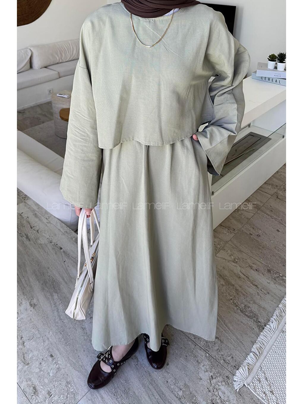 Etekli Tesettür Takım Çağla Yeşili-2