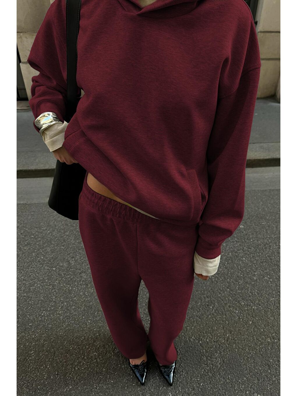 Bordo Kapüşonlu Triko Kadın Eşofman Takımı Mg2533-1