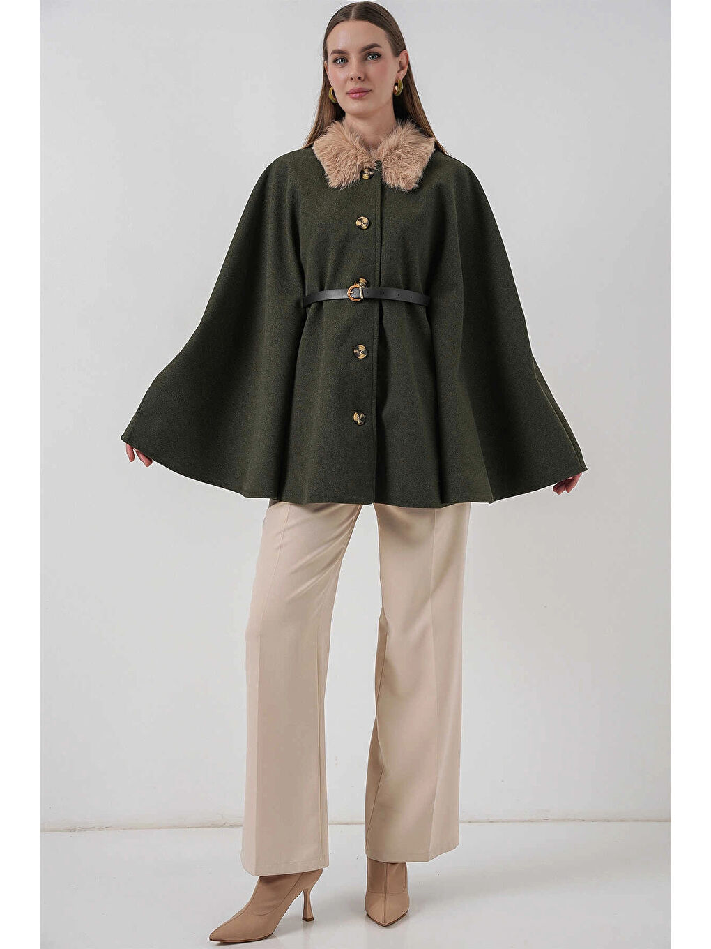 Kadın Haki Yakası Kürklü Düğmeli Kemerli Kaşe Panço HZL25W-BD191651-1