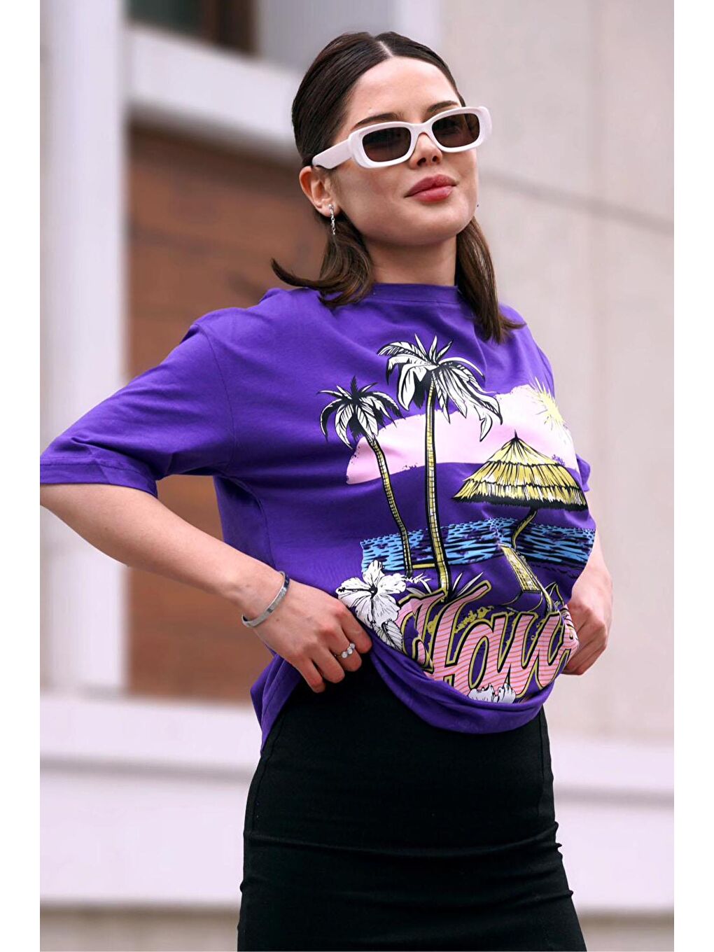 Mor Baskılı Bisiklet Yaka Kadın Tişört Mg1765-1