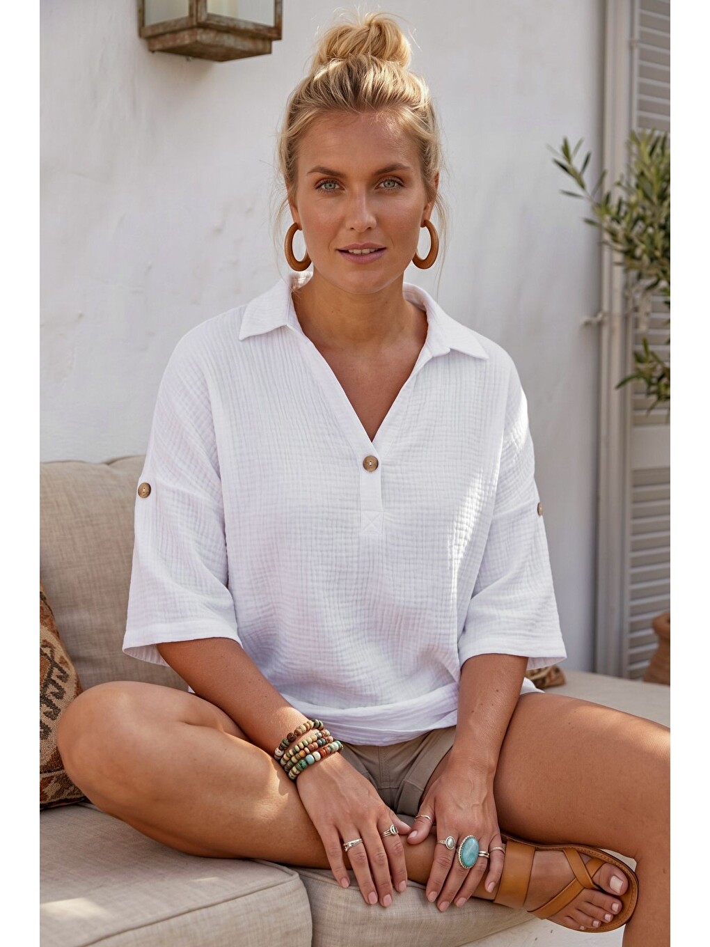 Beyaz Gömlek Yaka Düğmeli 3/4 Kol Casual Müslin Oversize Dokuma Bluz 67 65