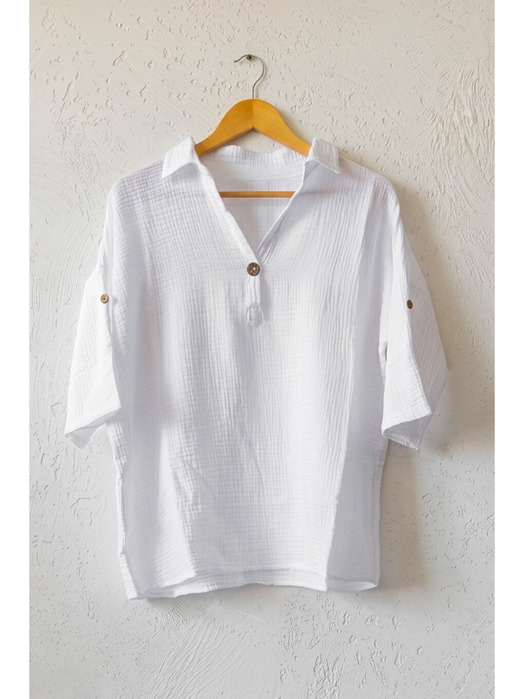 Beyaz Gömlek Yaka Düğmeli 3/4 Kol Casual Müslin Oversize Dokuma Bluz 67 65-1