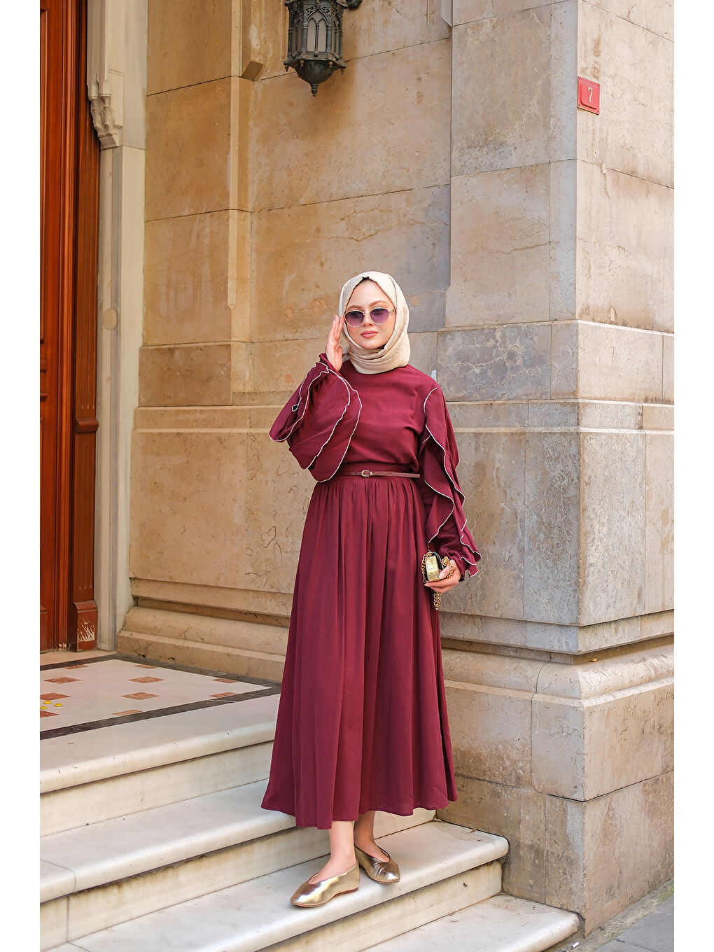 Kadın Kolları Süs Dikişli Takım Bordo-2