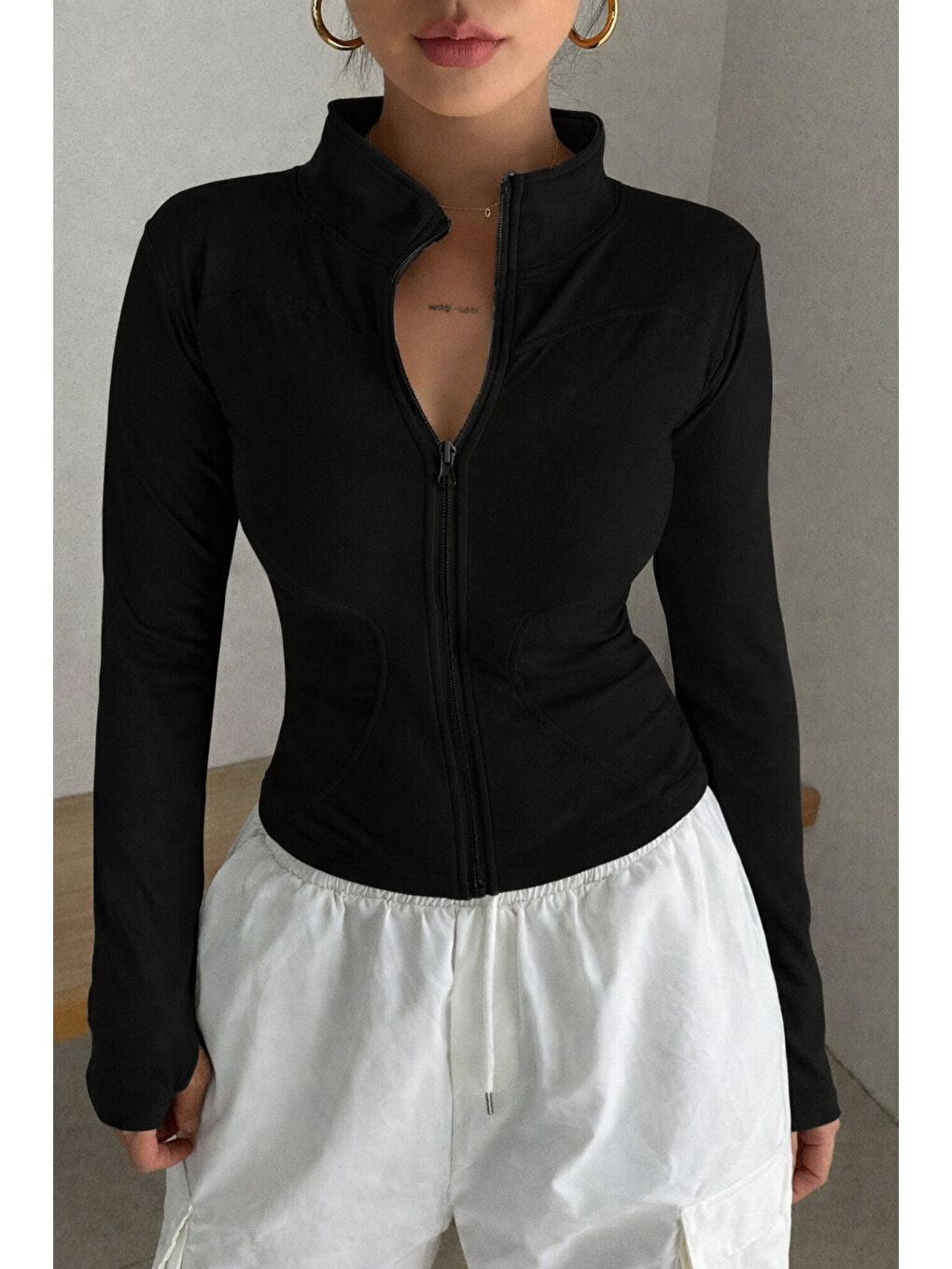 Siyah Kadın Bej İki İplik Fermuarlı Dar Kesim Mevsimlik Hırka – Dik Yaka Fit Basic Ceket-2