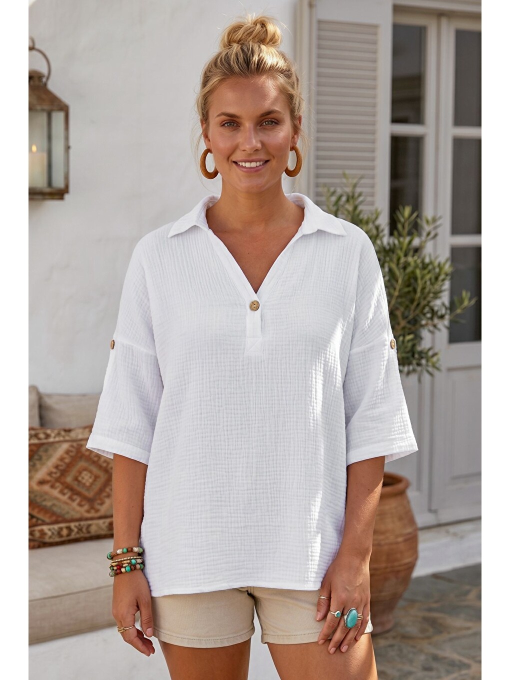 Beyaz Gömlek Yaka Düğmeli 3/4 Kol Casual Müslin Oversize Dokuma Bluz 67 65-2