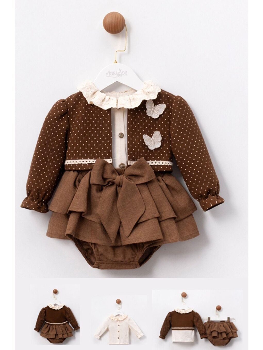 Kahverengi Kelebek Detaylı Gömlekli Bolero Fiyonk Külotlu Kız Bebek Takım
